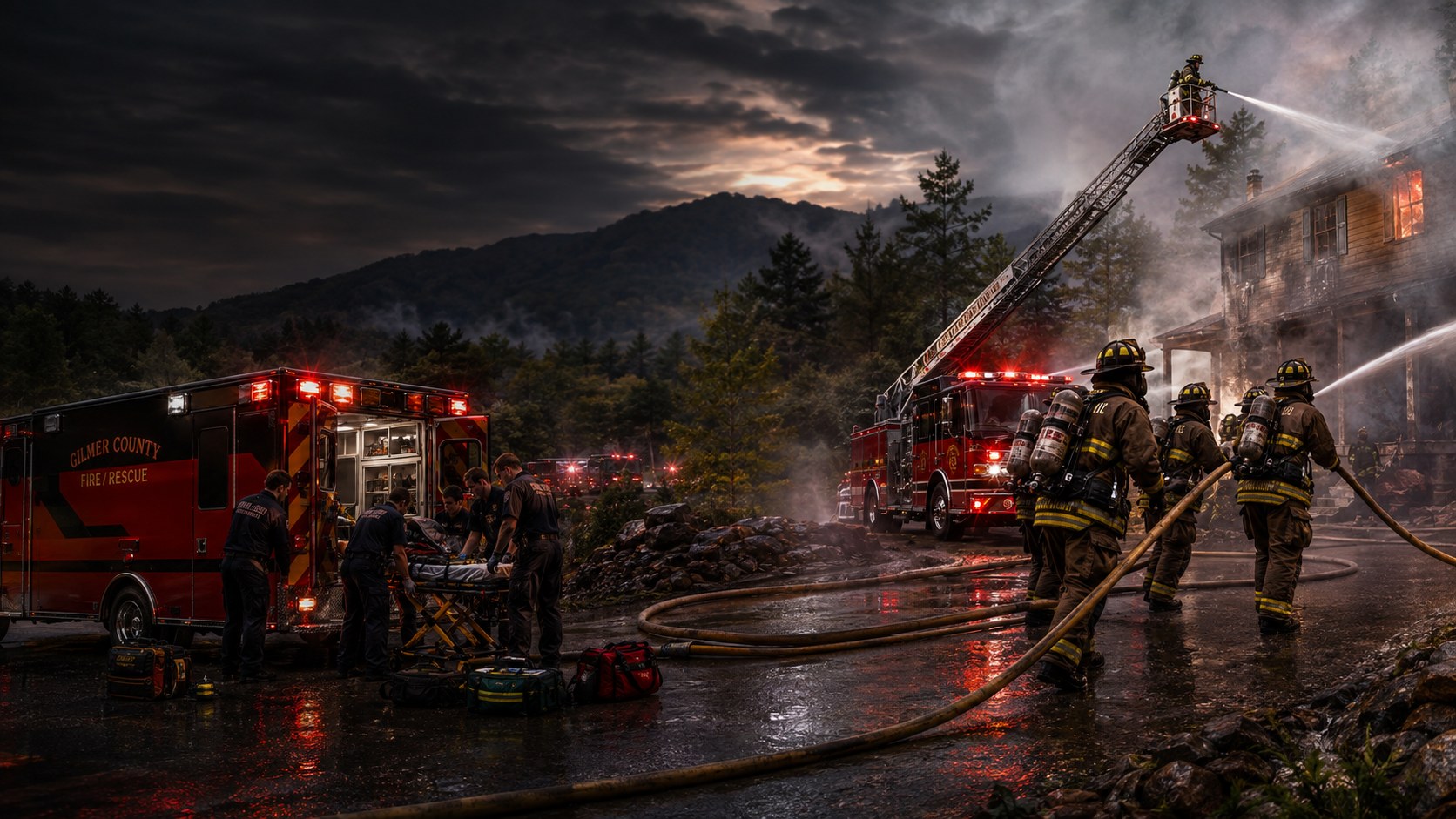 Gilmer County Fire/Rescue crews responding to a structure fire