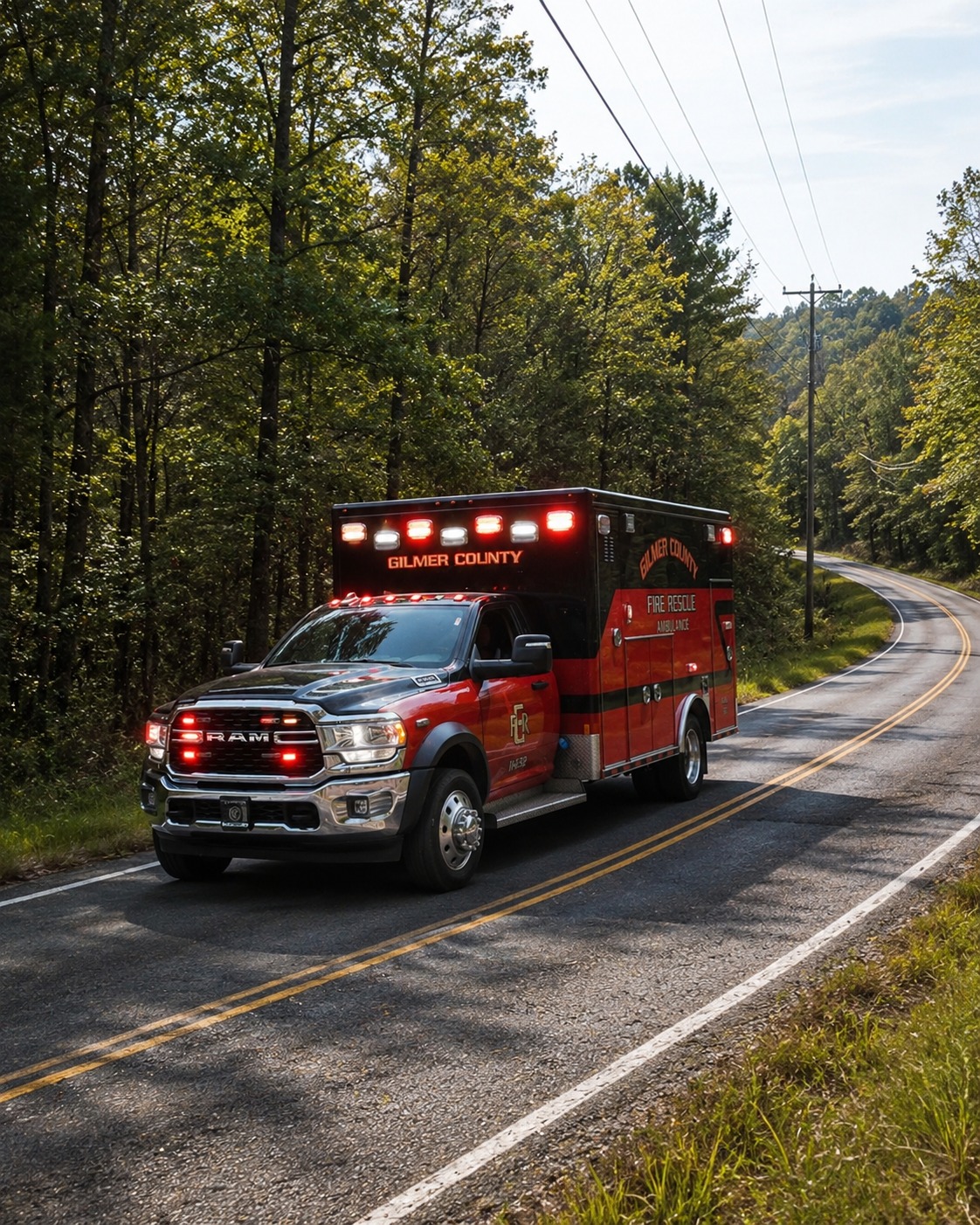 A Gilmer County Fire/Rescue ambulance on a wooded mountain road