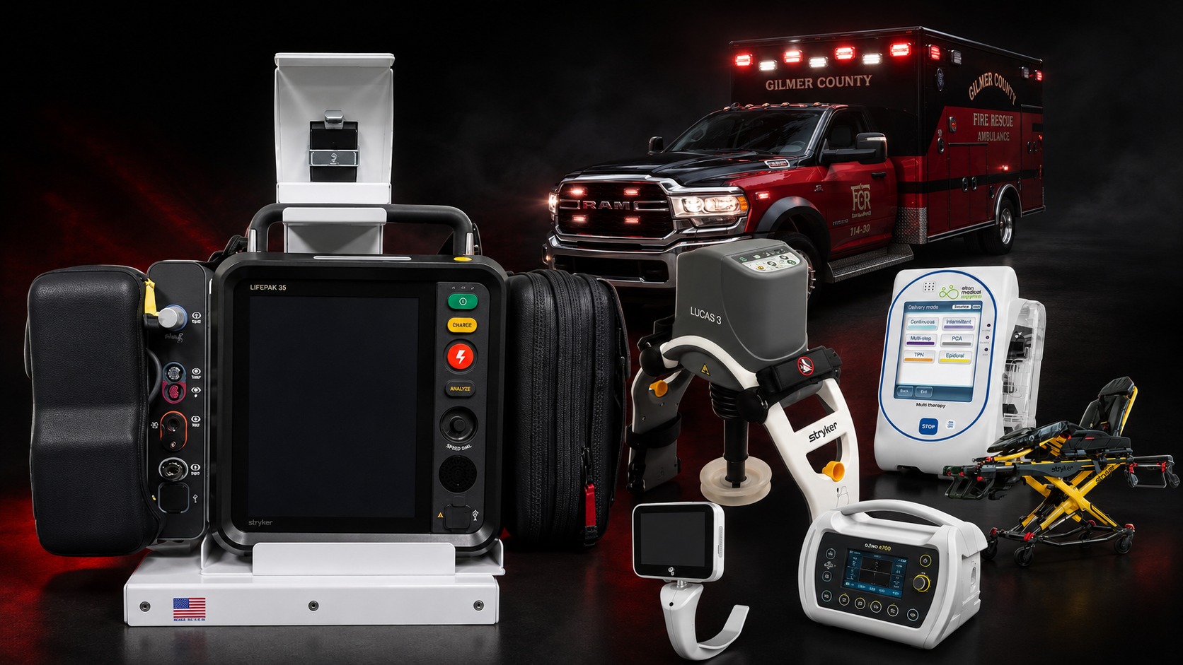 Gilmer County Fire/Rescue advanced life support equipment, including a LIFEPAK 35 cardiac monitor, LUCAS 3 mechanical CPR device, Sapphire infusion pump, and Stryker power cot, alongside a Gilmer County Fire/Rescue ambulance