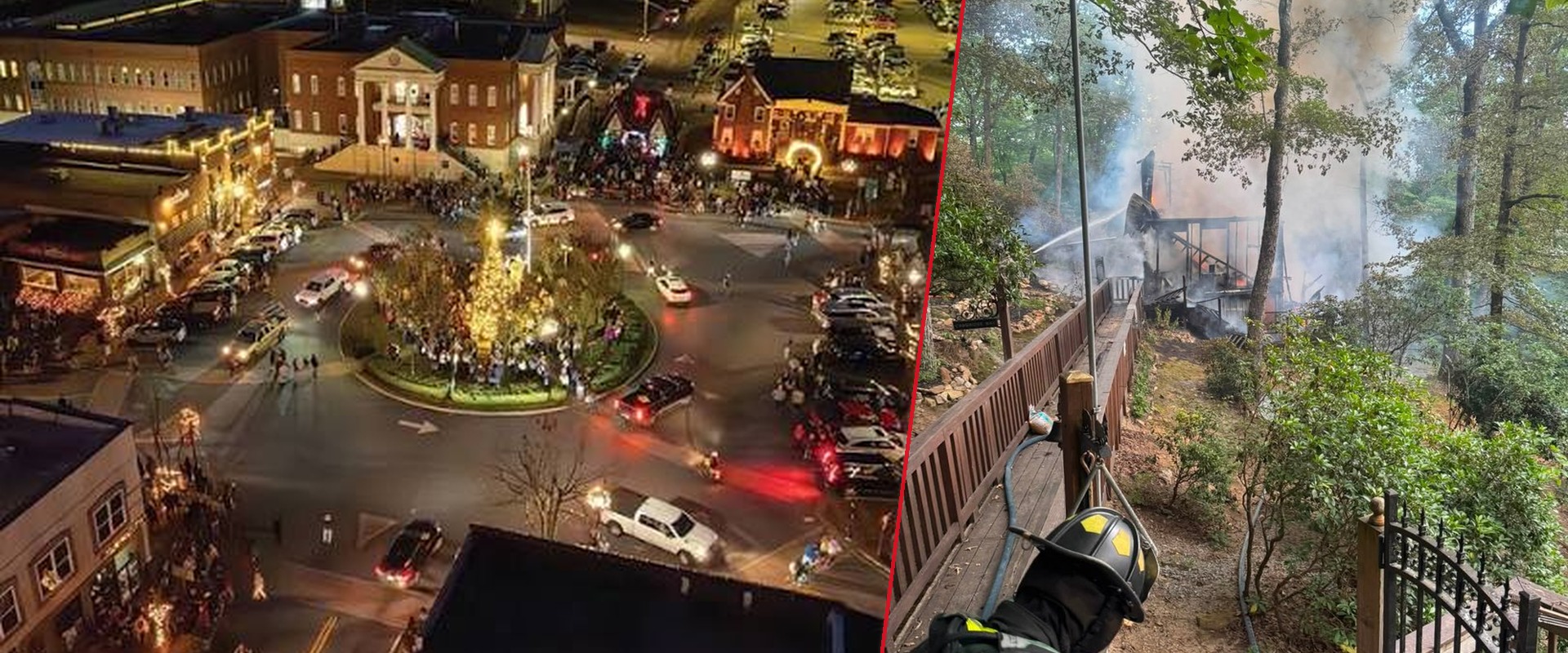Downtown Ellijay at a holiday community event beside Gilmer County Fire/Rescue crews working an active structure fire