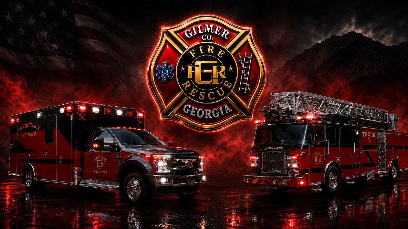 Medic 9 and Truck 1, Gilmer County Fire/Rescue apparatus