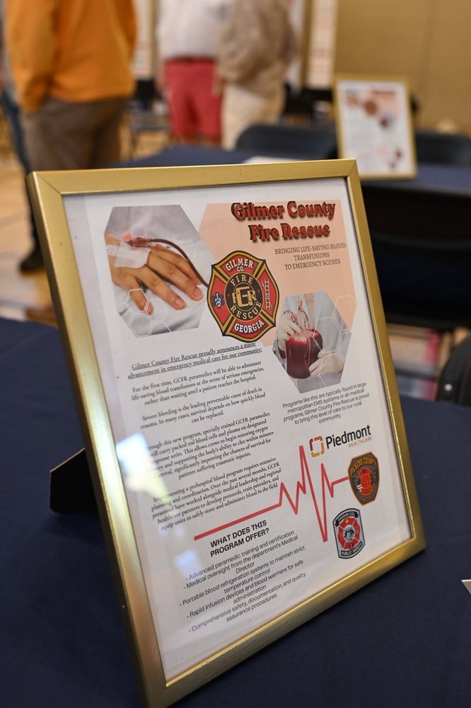 Informational display explaining the Gilmer County Fire/Rescue prehospital blood transfusion program