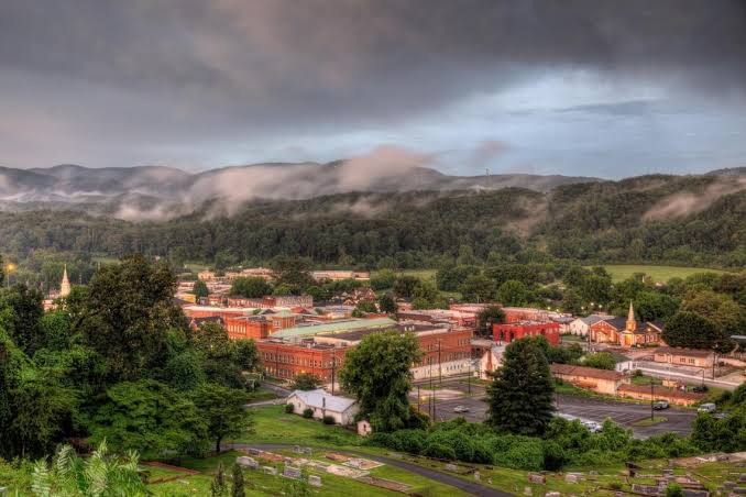 Downtown Gilmer County, Georgia in morning fog